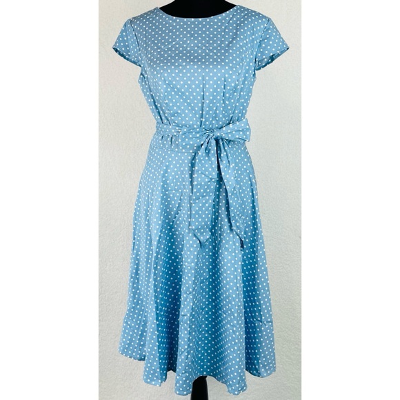 (NWOT) DRESSYSTAR • Sky Blue/White Polka Dot Vintage-Inspired Cap Sleeve Dress - Picture 13 of 16